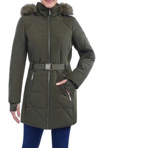 Michael Kors Water Resistant Puffer Coat with Faux Fur Trim Hood In Olive Color